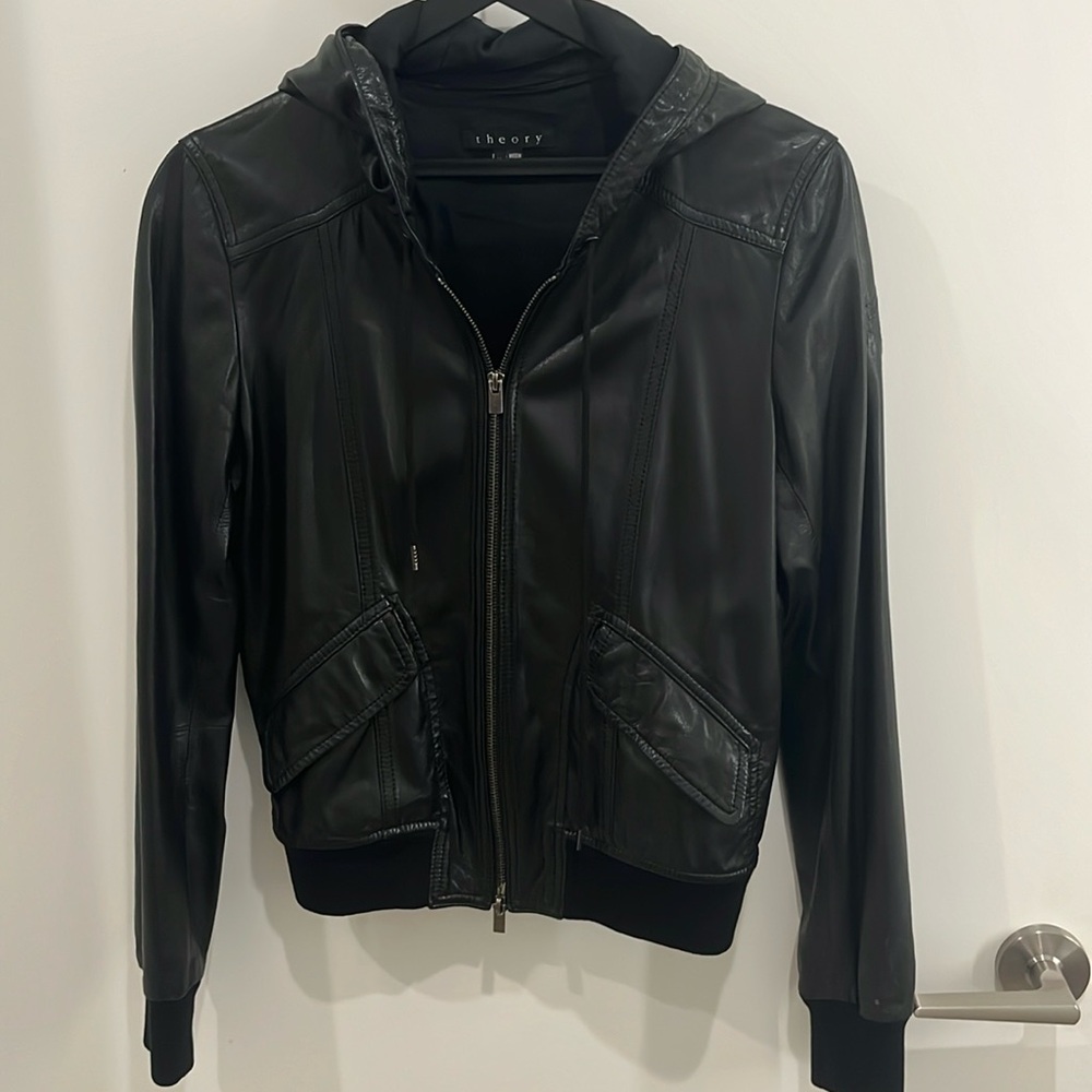 Theory hooded black leather jacket